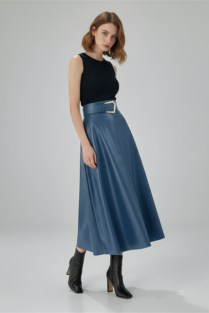 Jupe Patineuse Longue Similicuir Bleue Élégante