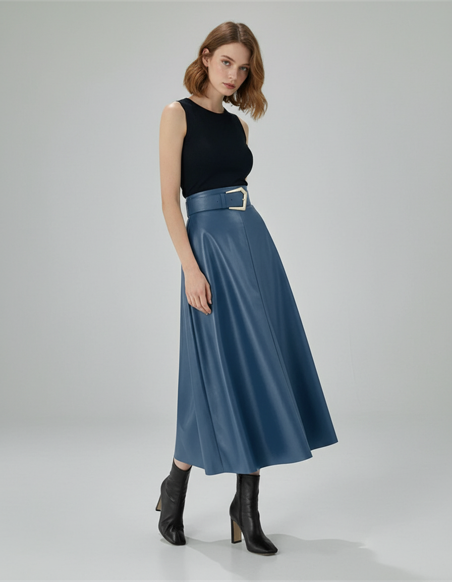 Jupe Patineuse Longue Similicuir Bleue Élégante