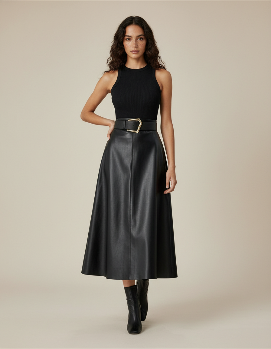 Jupe Patineuse Simili Cuir Longue Chic