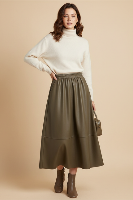 Jupe Patineuse Vert Kaki Similicuir Élégante