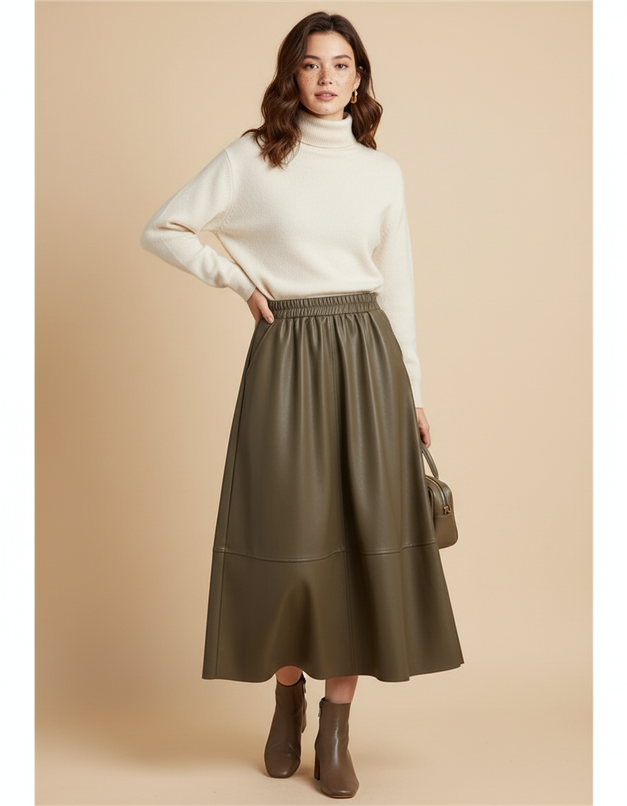 Jupe Patineuse Vert Kaki Similicuir Élégante