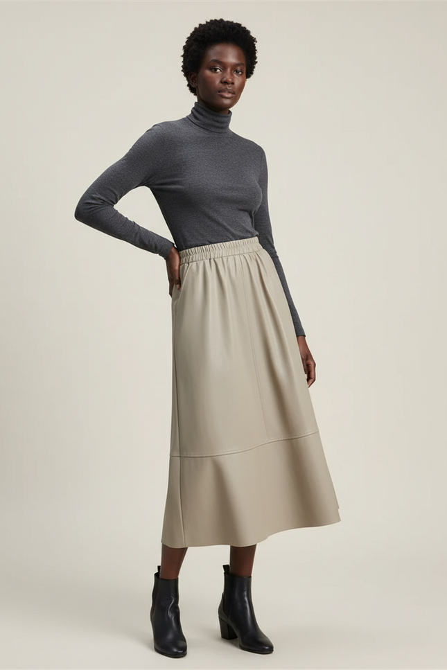 Jupe Patineuse Midi Simili Cuir Élégante