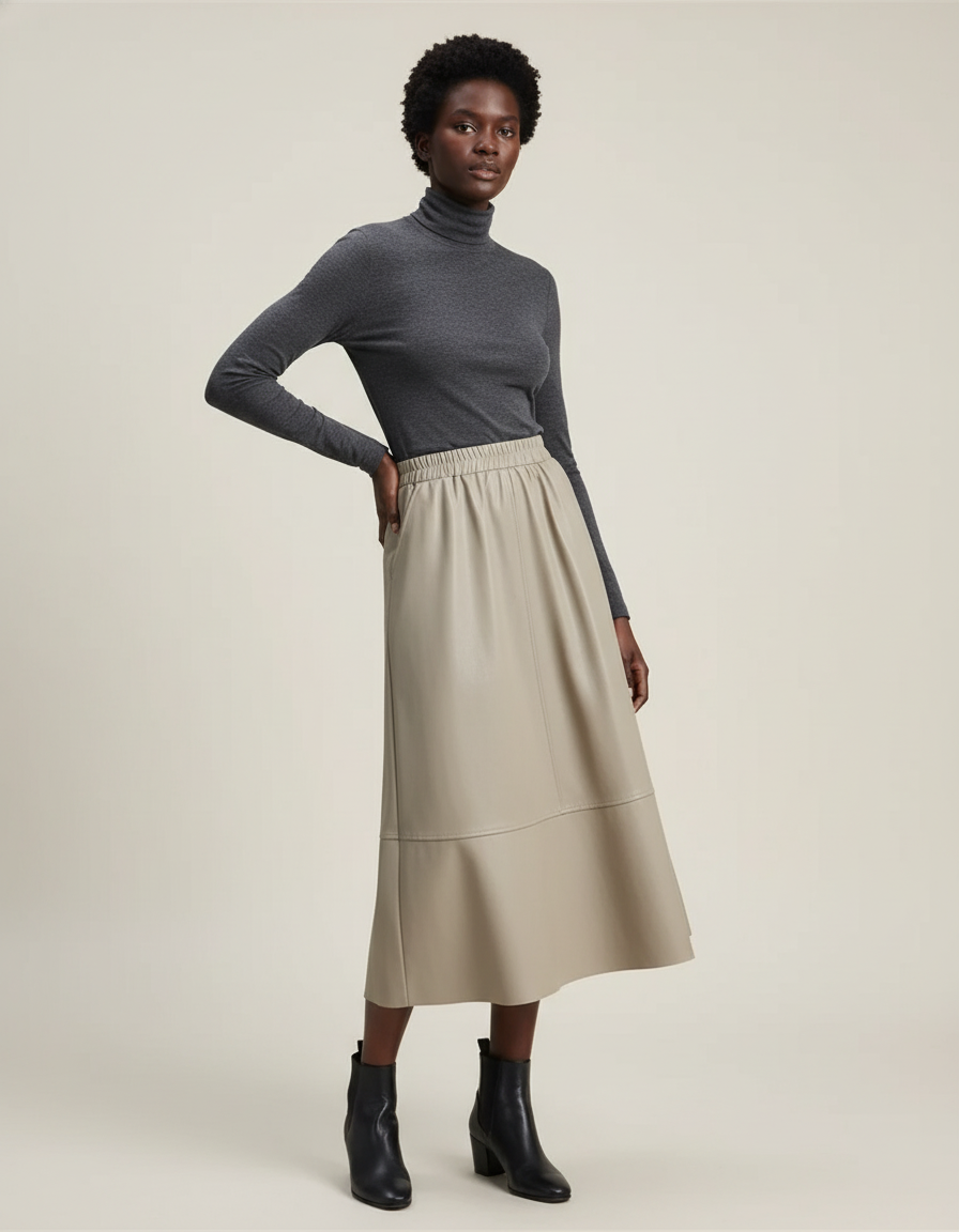 Jupe Patineuse Midi Simili Cuir Élégante