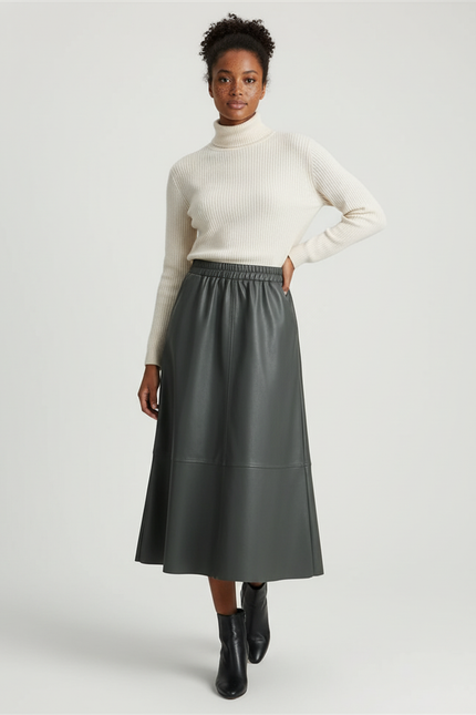 Jupe Patineuse Simili Cuir Gris-Vert Élégante