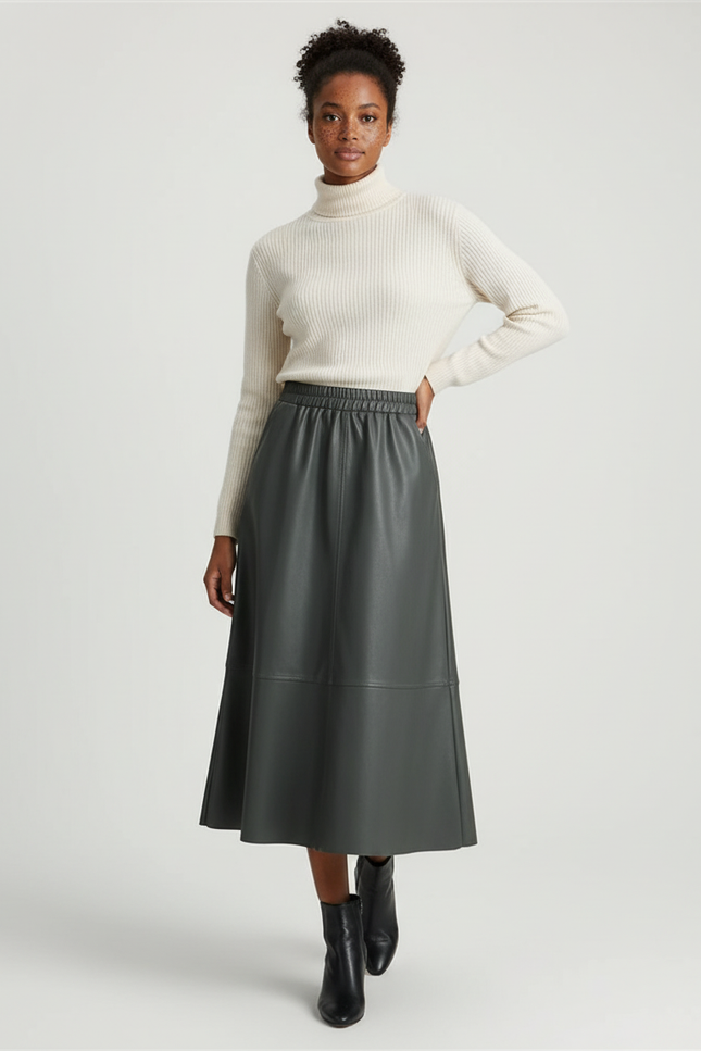 Jupe Patineuse Simili Cuir Gris-Vert Élégante