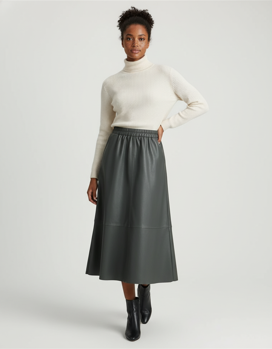 Jupe Patineuse Simili Cuir Gris-Vert Élégante