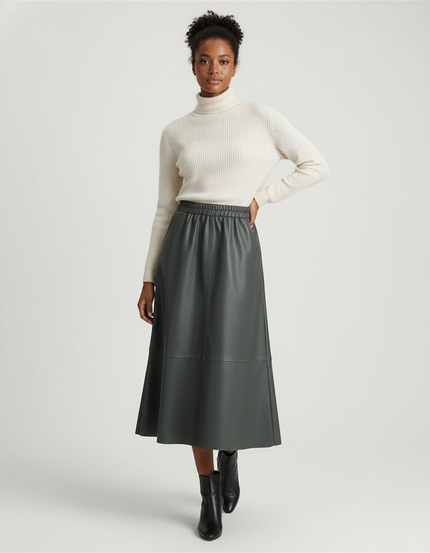 Jupe Patineuse Simili Cuir Gris-Vert Élégante