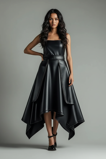 Jupe Patineuse Noire Similicuir Asymétrique Élégante