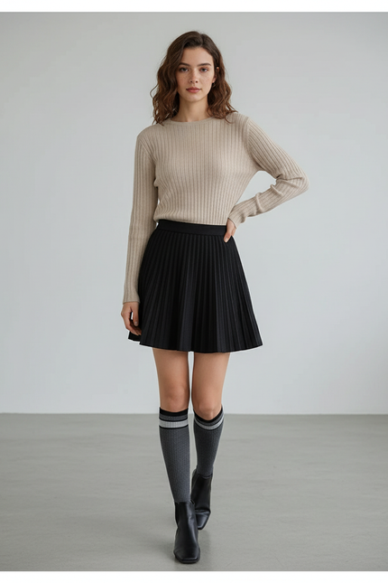 Jupe Patineuse Noire Plissée Décontractée