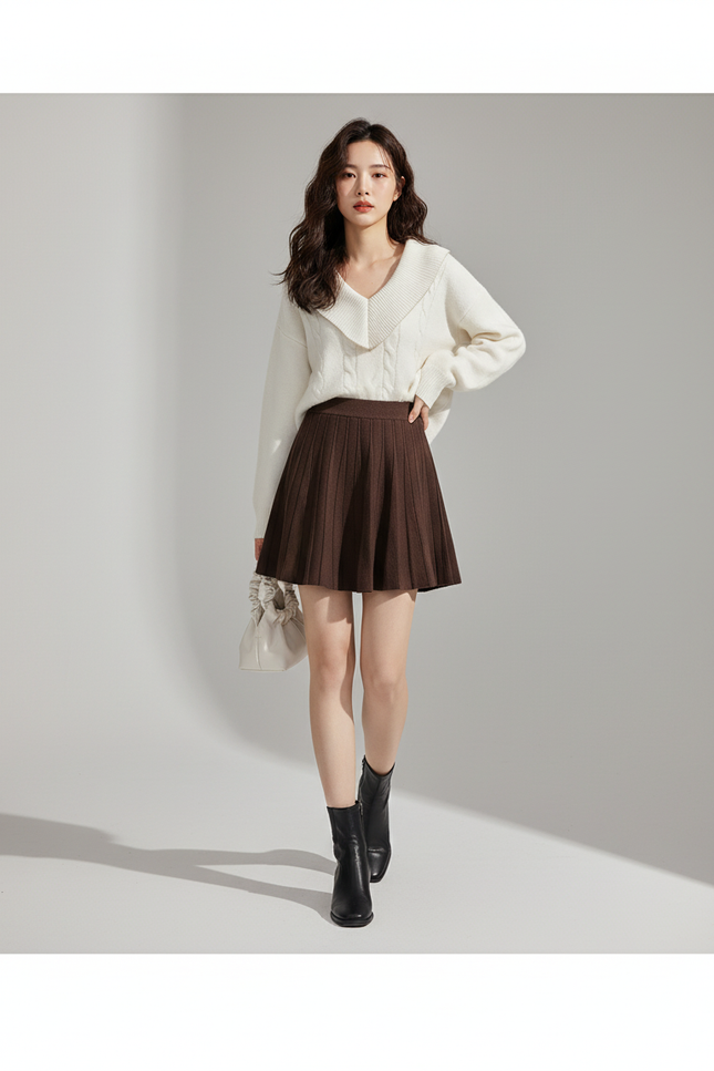 Jupe Patineuse Plissée Tricotée Décontractée