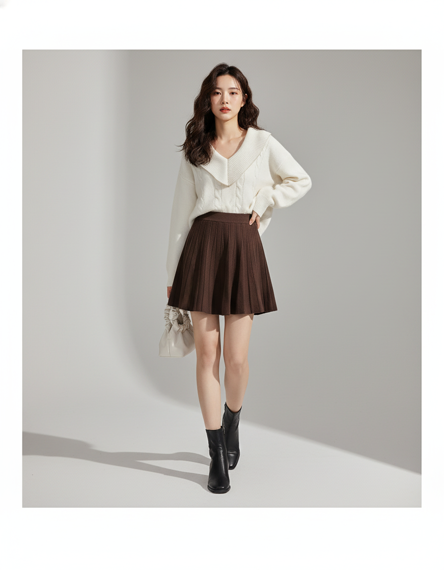 Jupe Patineuse Plissée Tricotée Décontractée