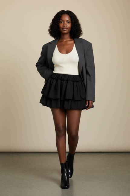 Jupe Patineuse Noire À Volants Fluide