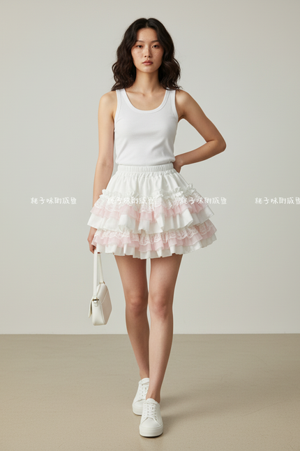 Jupe Patineuse Blanc Rose Volants Fluide