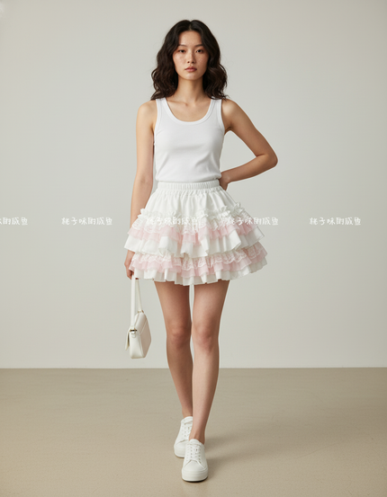 Jupe Patineuse Blanc Rose Volants Fluide