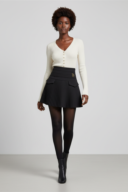 Jupe Patineuse Noire Plissée Décontractée Fluide