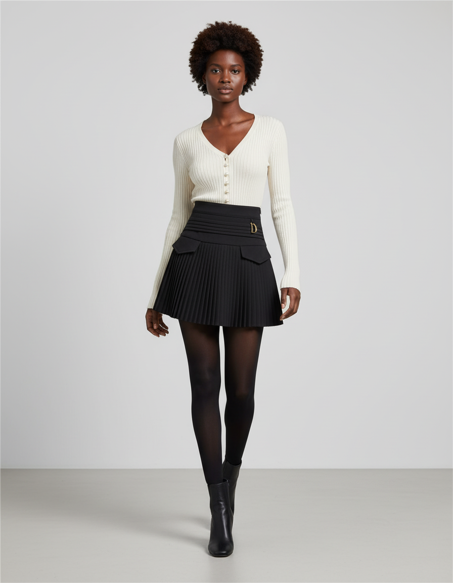 Jupe Patineuse Noire Plissée Décontractée Fluide