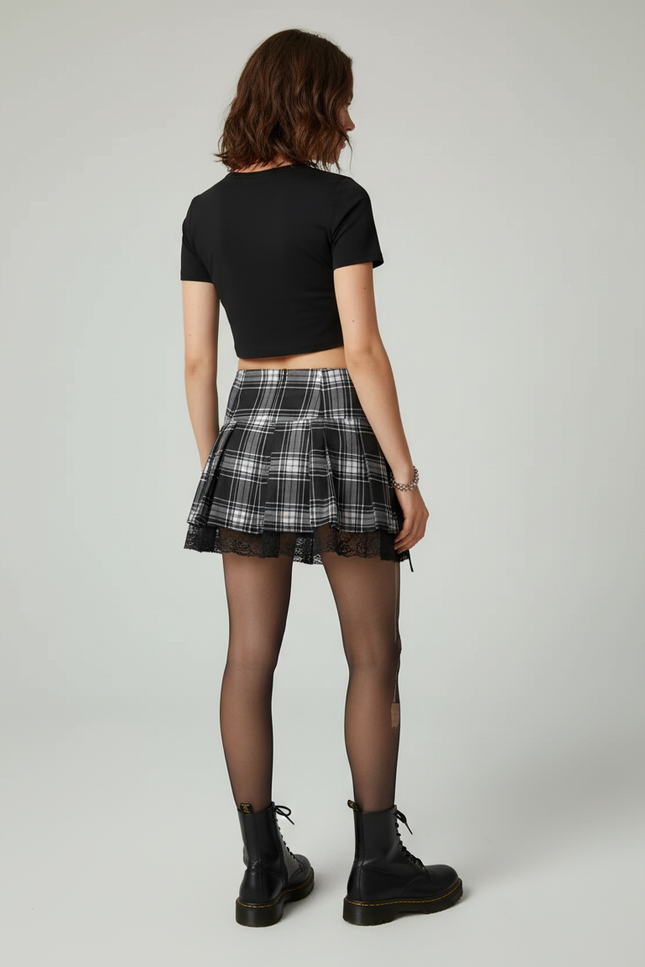 Jupe Patineuse Carreaux Dentelle Plissée