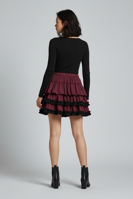 Jupe Patineuse Bordeaux À Volants Tendance