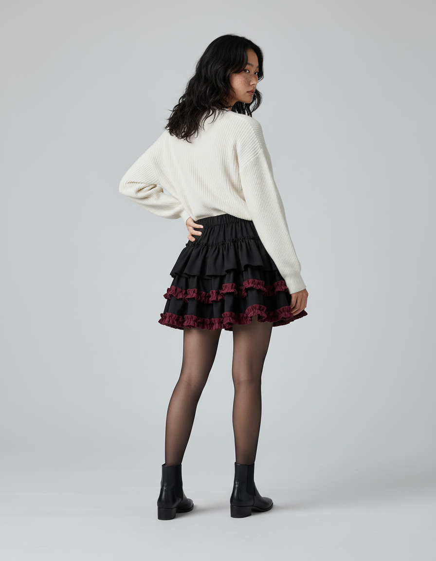 Jupe Patineuse Noire Volants Plissée