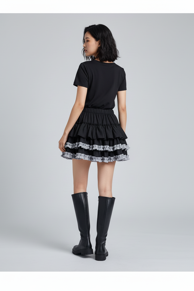 Jupe Patineuse Noire À Volants Décontractée