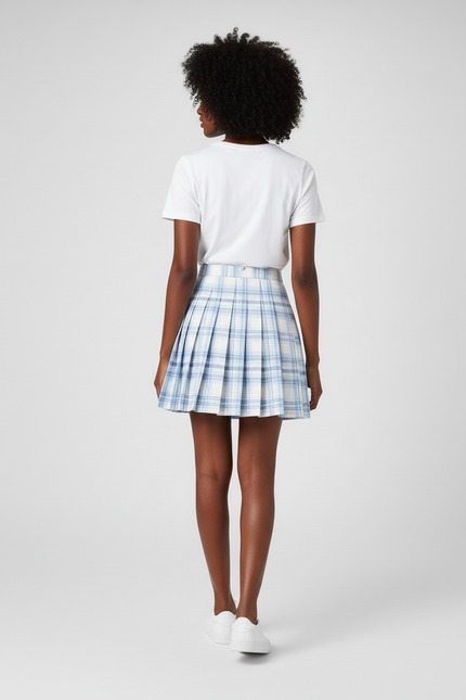 Jupe Patineuse Plissée Carreaux Bleus Preppy