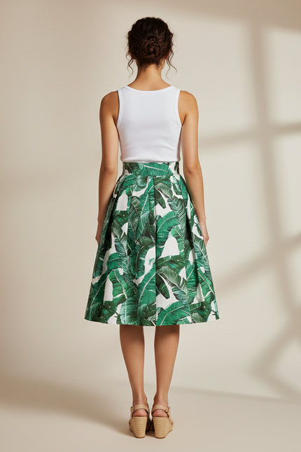 Jupe Patineuse Plissée Motif Tropical Fluide
