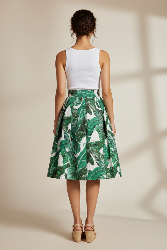 Jupe Patineuse Plissée Motif Tropical Fluide