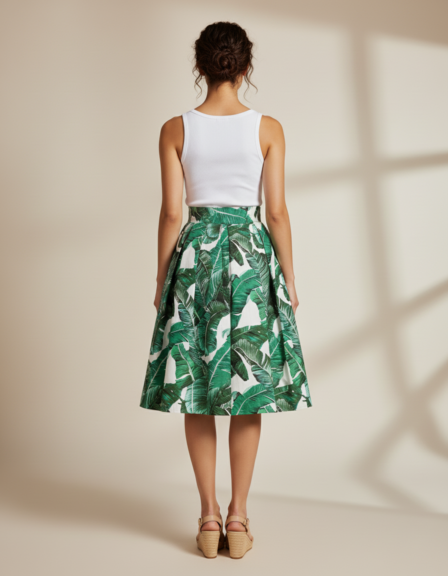 Jupe Patineuse Plissée Motif Tropical Fluide