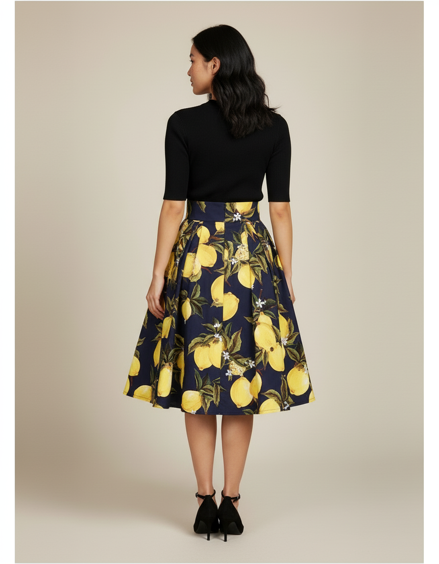 Jupe Patineuse Motif Citron Plissée Chic