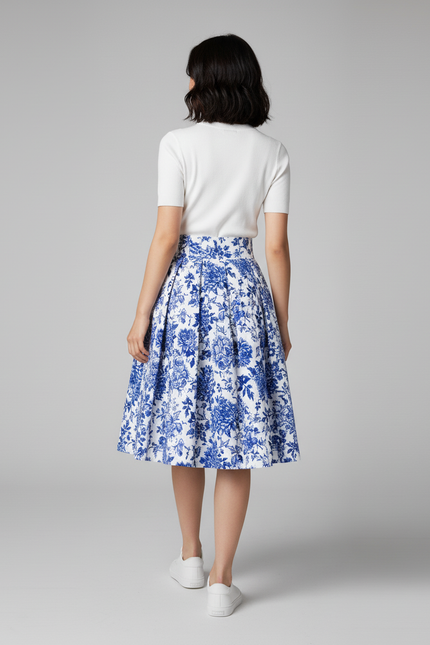 Jupe Patineuse Florale Bleue Plissée