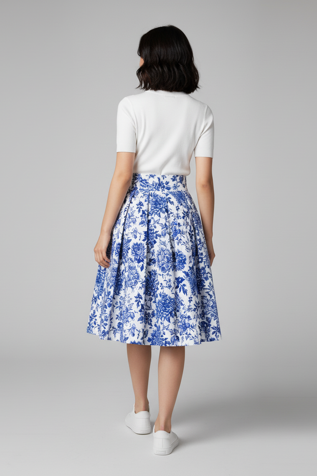 Jupe Patineuse Florale Bleue Plissée