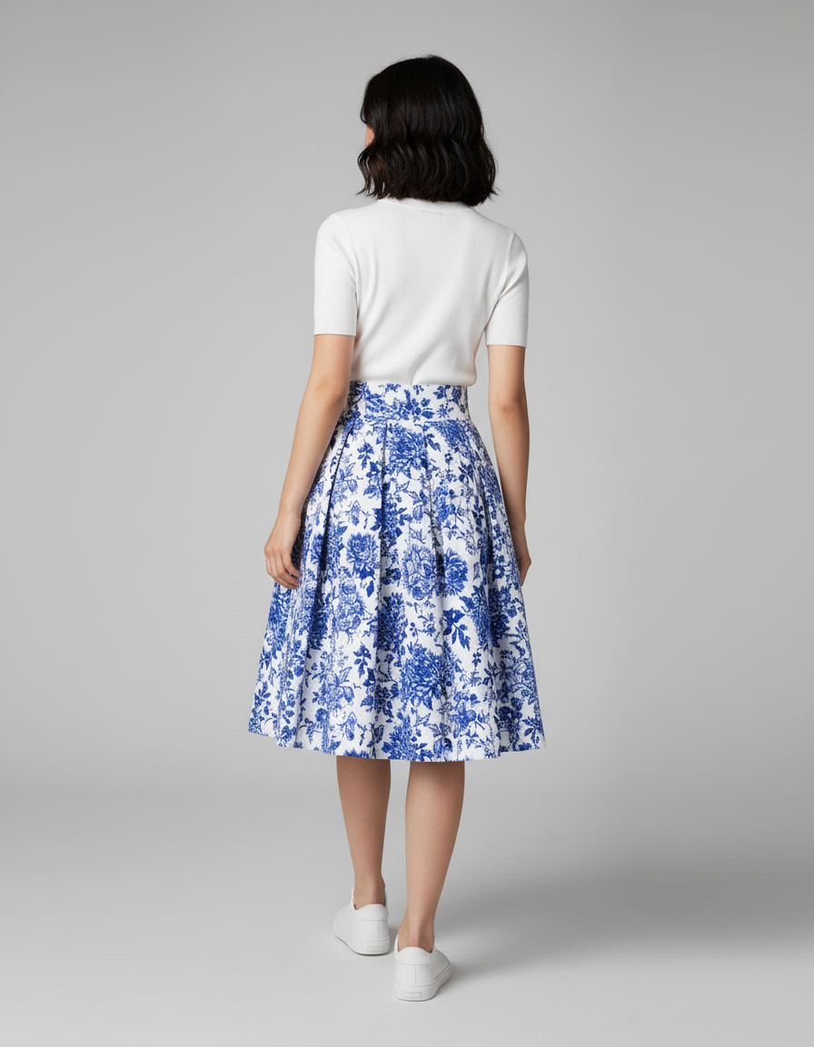 Jupe Patineuse Florale Bleue Plissée