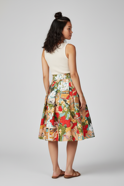 Jupe Patineuse Imprimée Tropicale Plissée Rétro