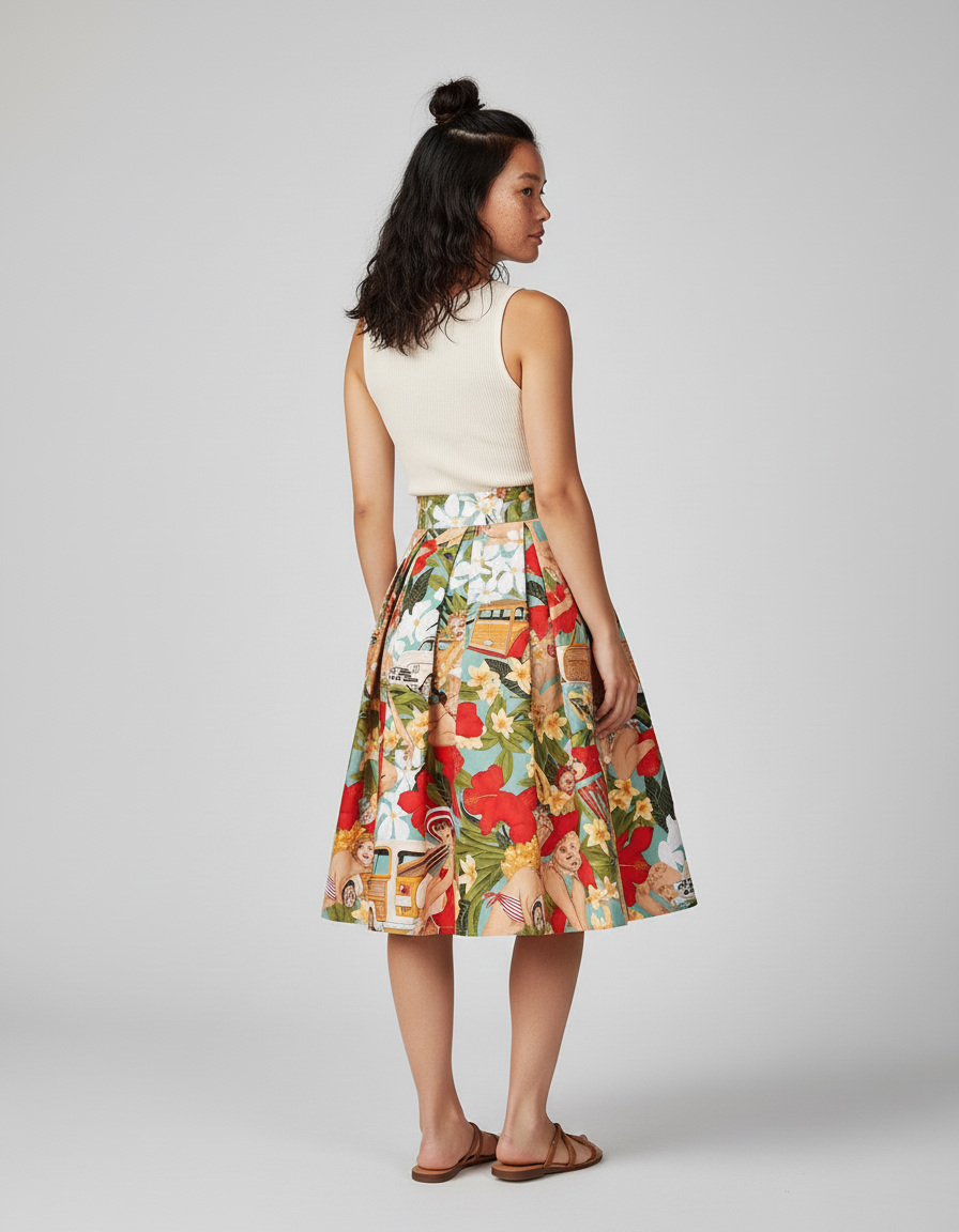 Jupe Patineuse Imprimée Tropicale Plissée Rétro