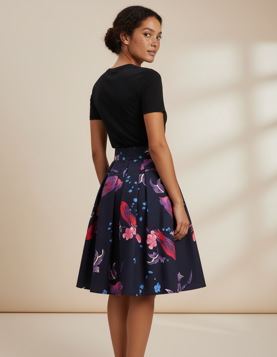 Jupe Patineuse Plissée Chic Motif Floral