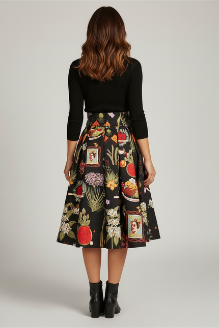 Jupe Patineuse Noire Imprimée Artistique Plissée Vintage