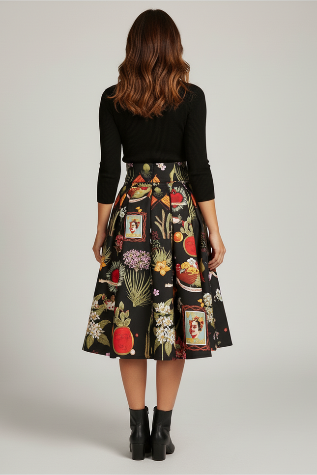 Jupe Patineuse Noire Imprimée Artistique Plissée Vintage