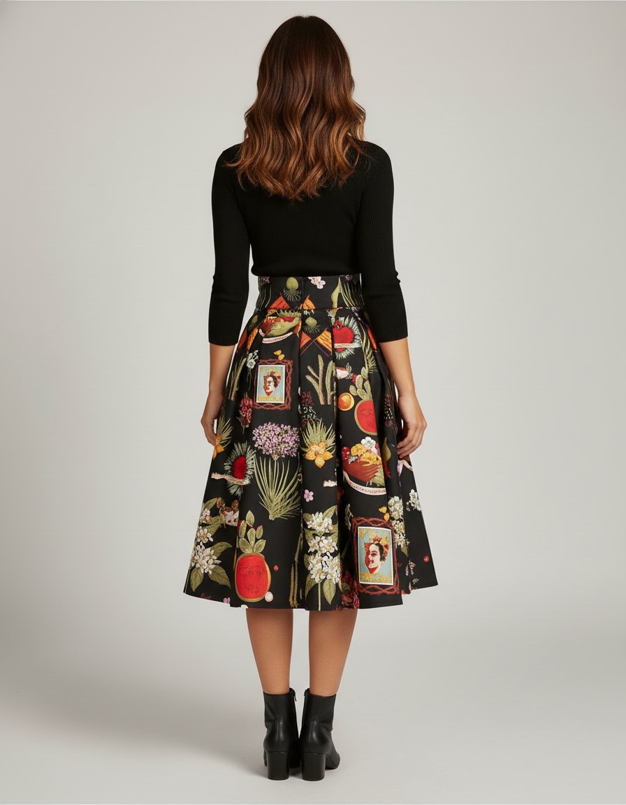 Jupe Patineuse Noire Imprimée Artistique Plissée Vintage