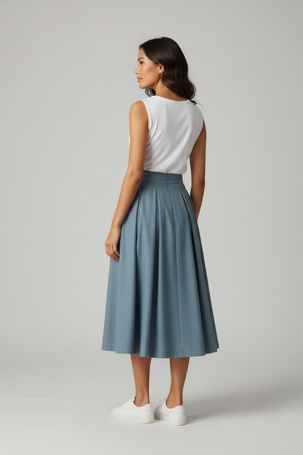 Jupe Patineuse Bleu-Gris Plissée Élégante