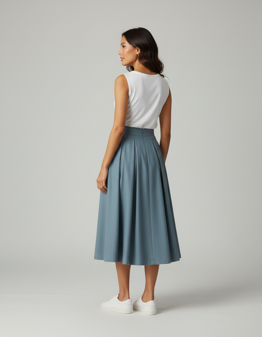 Jupe Patineuse Bleu-Gris Plissée Élégante