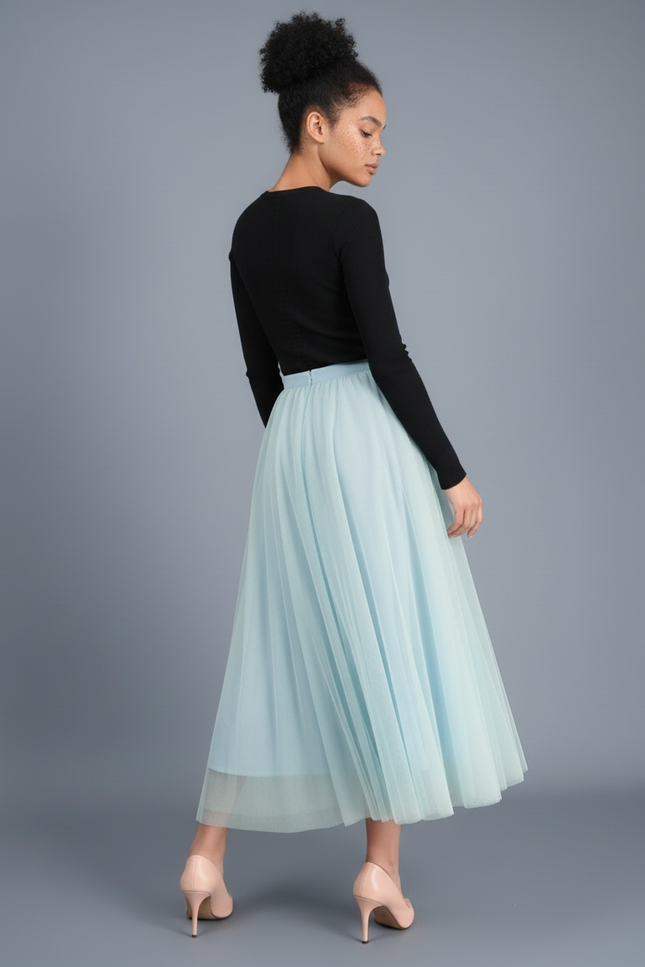 Jupe Patineuse Tulle Plissée Bleu Ciel