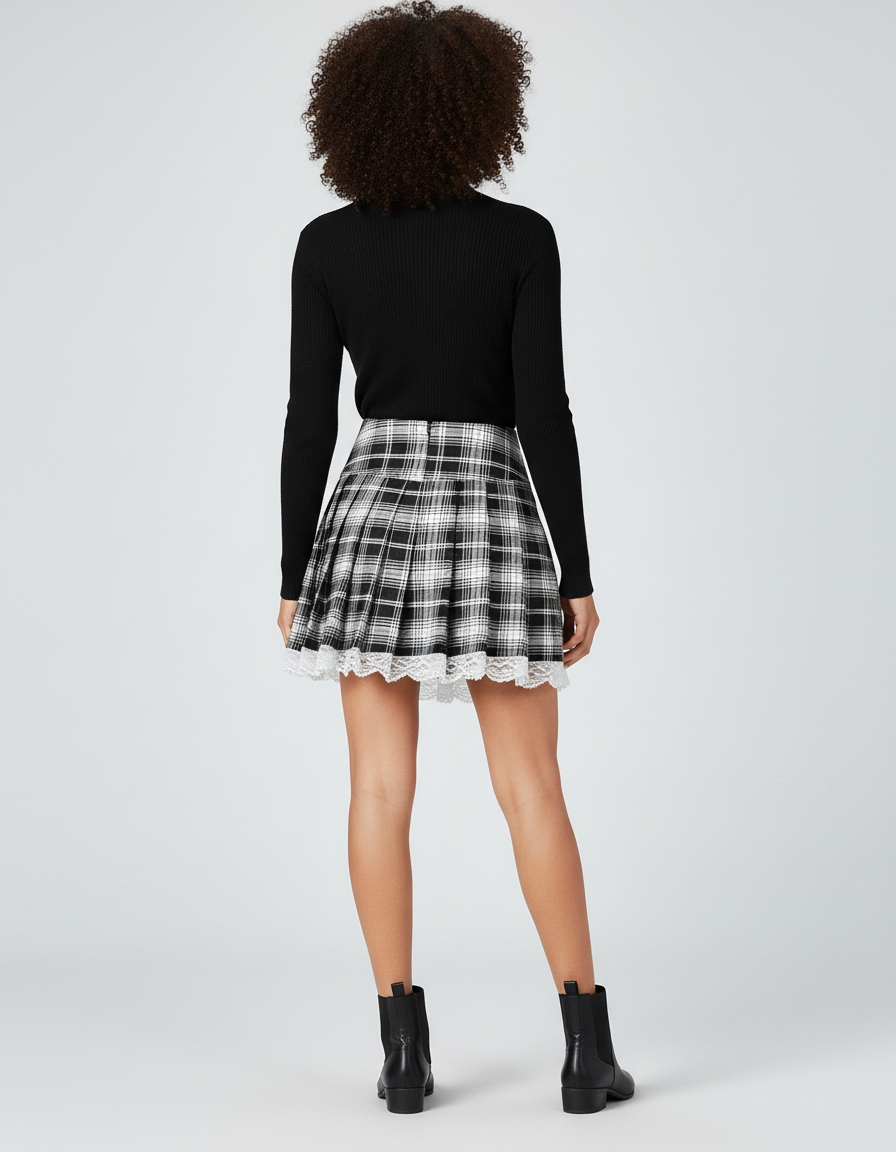 Jupe Patineuse Plaid Dentelle Plissée