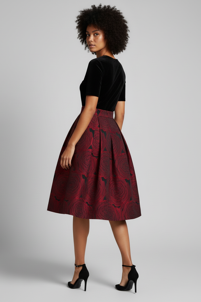 Jupe Patineuse Motif Roses Plissée Élégante