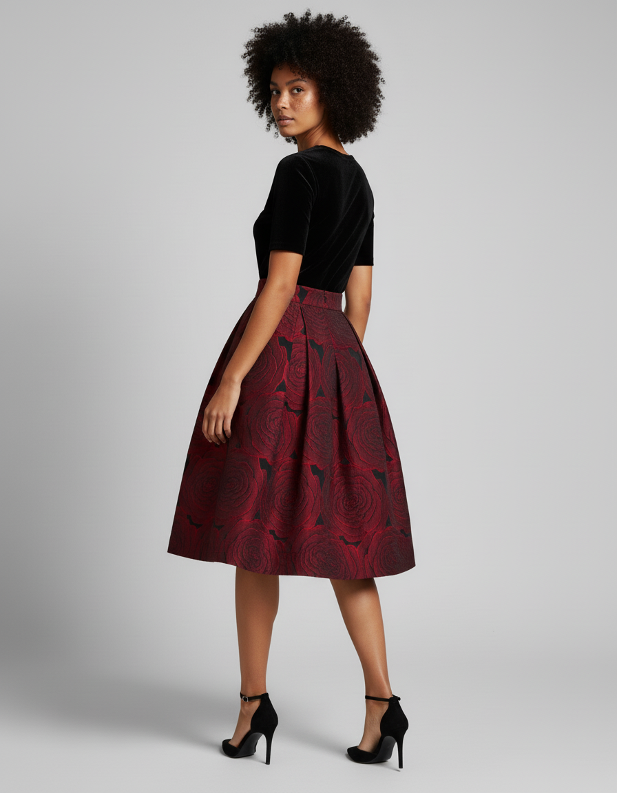 Jupe Patineuse Motif Roses Plissée Élégante