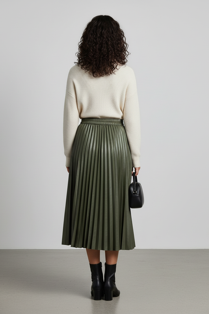 Jupe Patineuse Vert Kaki Plissée Élégante