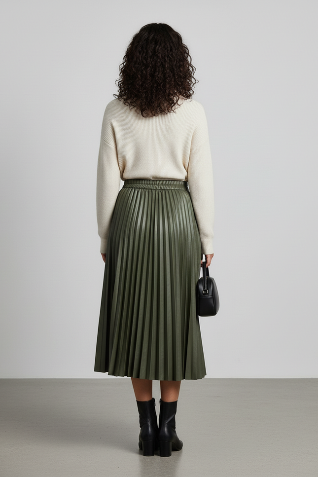 Jupe Patineuse Vert Kaki Plissée Élégante