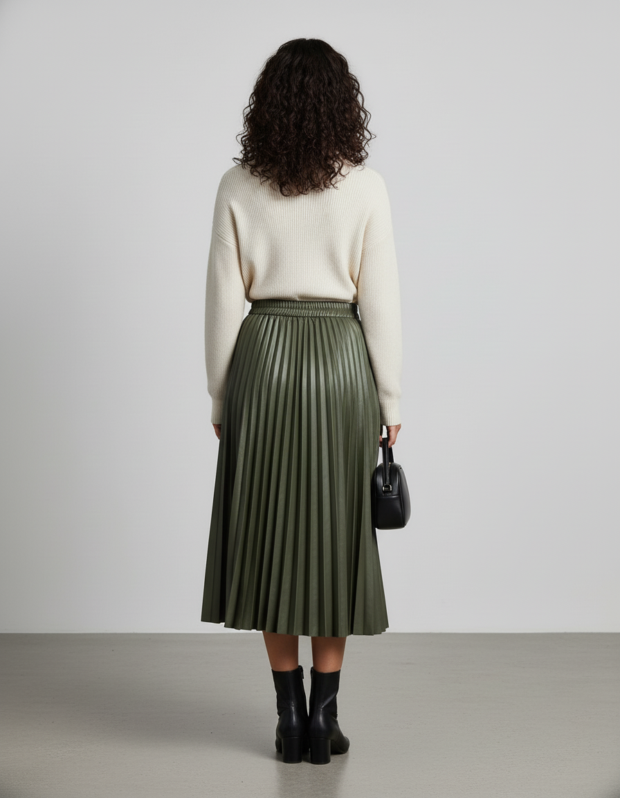 Jupe Patineuse Vert Kaki Plissée Élégante