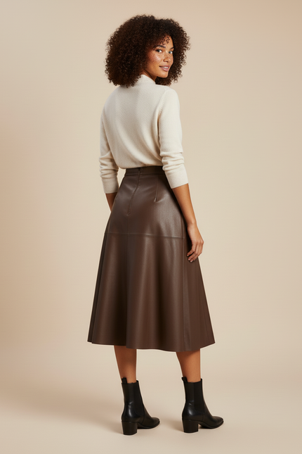 Jupe Patineuse Cuir Marron Évasée Élégante