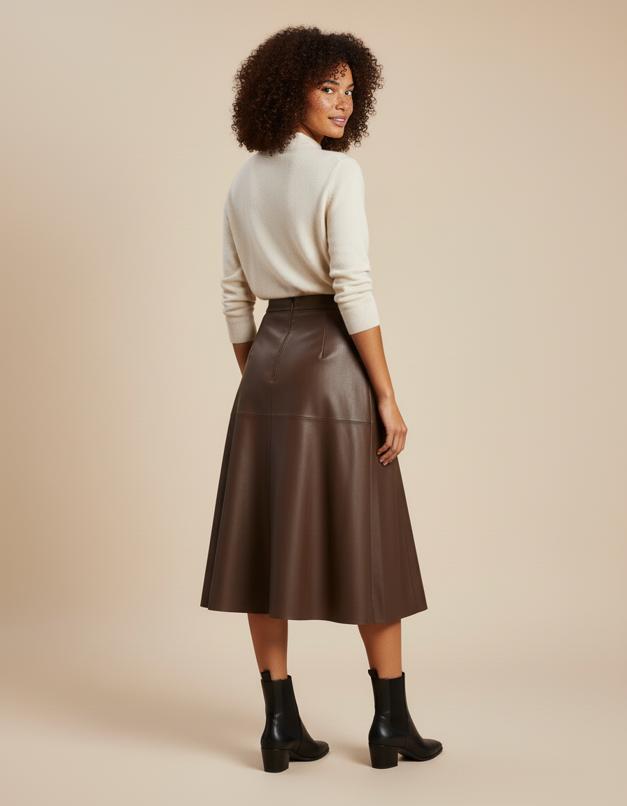 Jupe Patineuse Cuir Marron Évasée Élégante