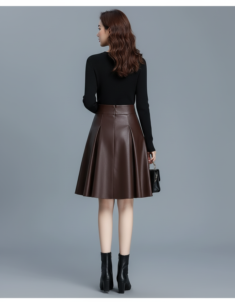 Jupe Patineuse Marron Similicuir Plissée